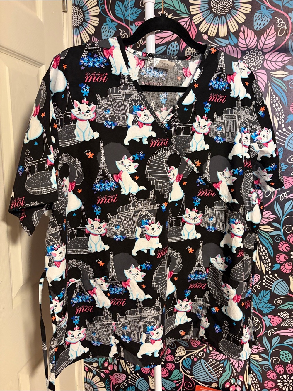 Disney Black Scrub Top with White & Pink Marie Cat Print